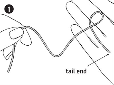 black and white illustration of a person holding yarn between fingers in the left hand…